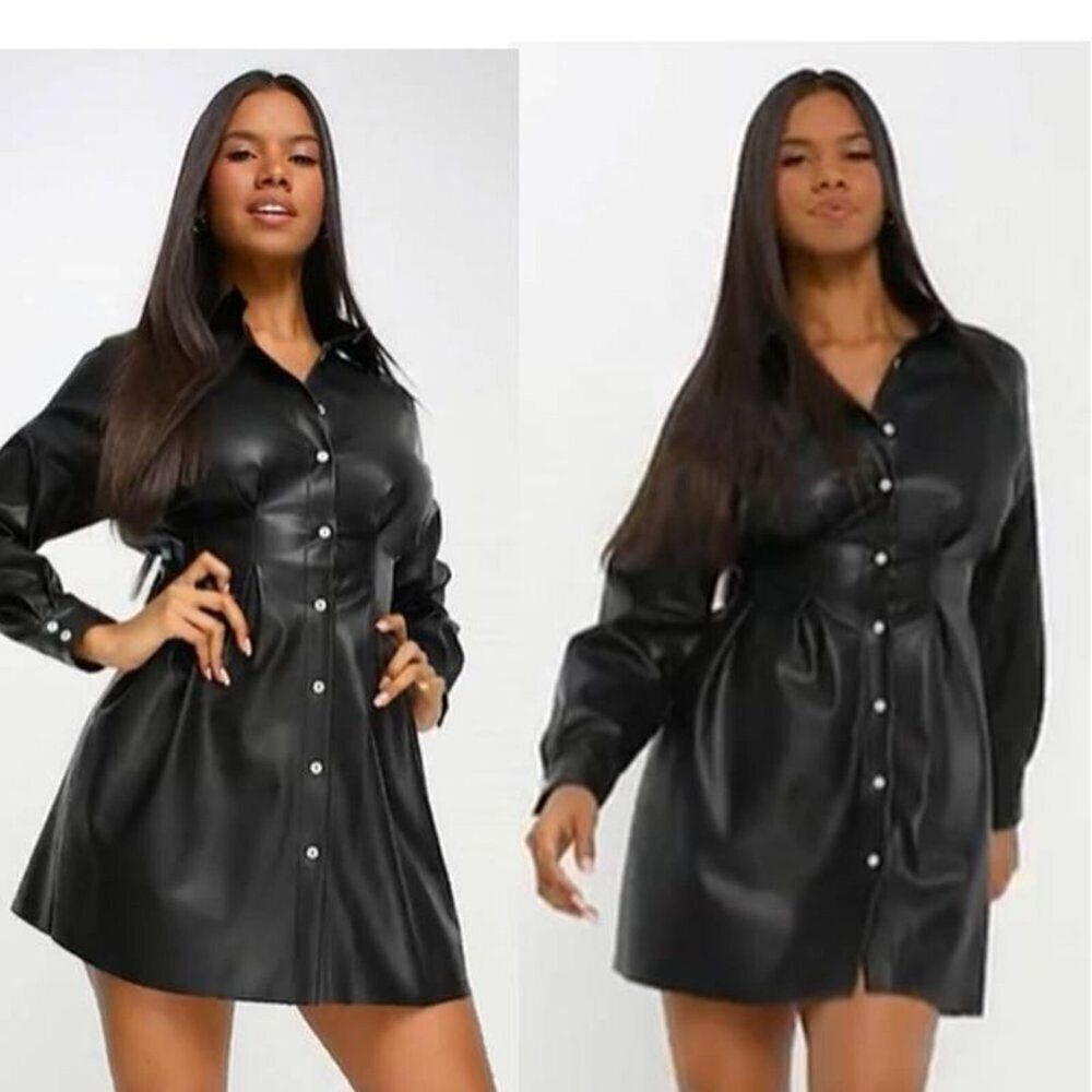 Smooth Faux Leather Mini Shirt Dress Women's Classic Party Black Size 4 $89